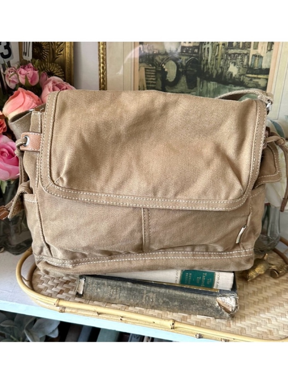 VTG FOSSIL BEIGE CANVAS CROSSBODY HANDBAG SHOULDER STRAP BAG SATCHEL